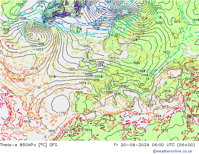 Theta-e 850hPa GFS ven 20.09.2024 06 UTC