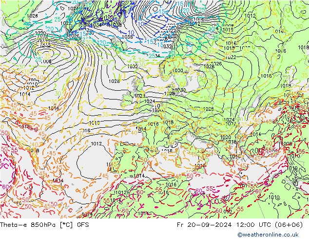 Theta-e 850гПа GFS пт 20.09.2024 12 UTC