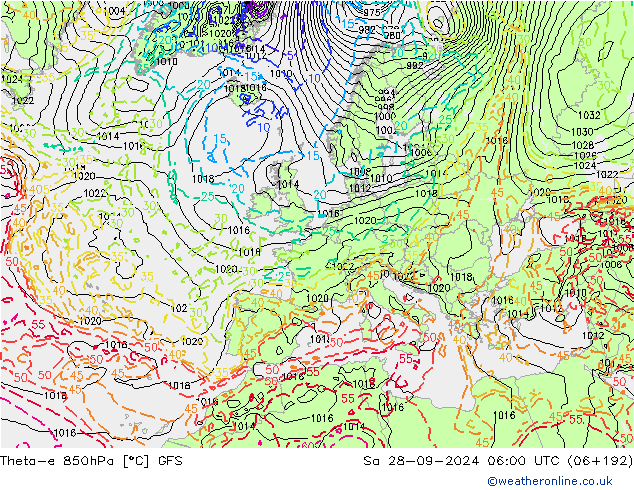 Theta-e 850hPa GFS Sa 28.09.2024 06 UTC