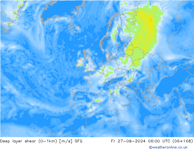 Deep layer shear (0-1km) GFS Fr 27.09.2024 06 UTC