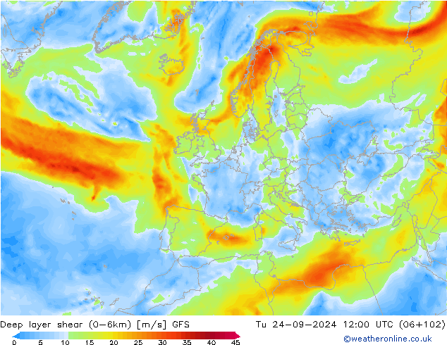 Deep layer shear (0-6km) GFS September 2024