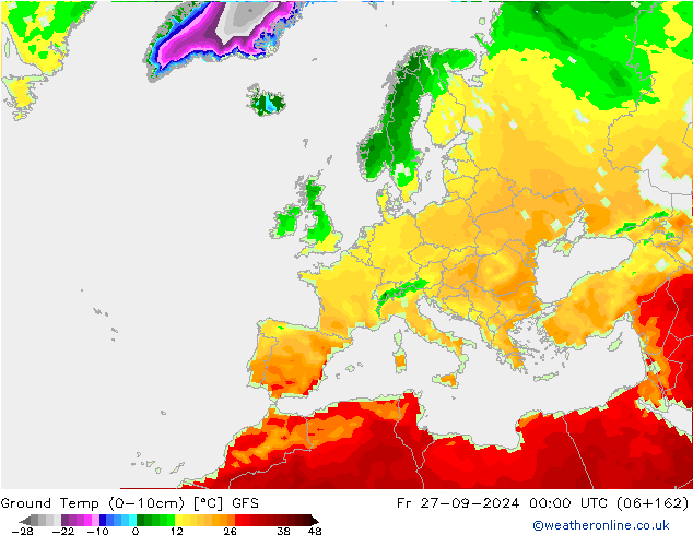 Temperatura del suelo (0-10cm) GFS vie 27.09.2024 00 UTC