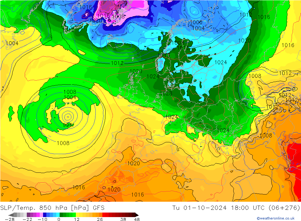 SLP/Temp. 850 hPa GFS mar 01.10.2024 18 UTC