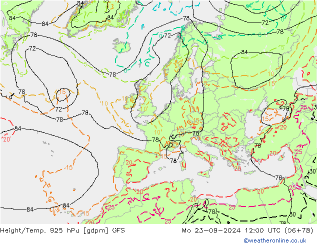 Height/Temp. 925 hPa GFS  23.09.2024 12 UTC