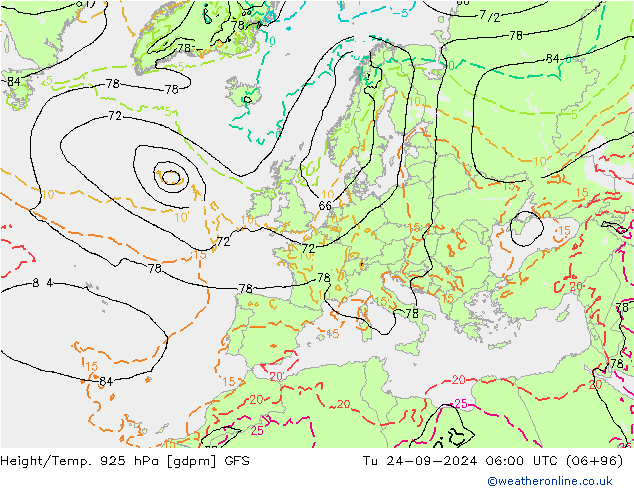 Height/Temp. 925 hPa GFS Út 24.09.2024 06 UTC