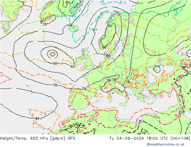 Height/Temp. 925 hPa GFS Tu 24.09.2024 18 UTC