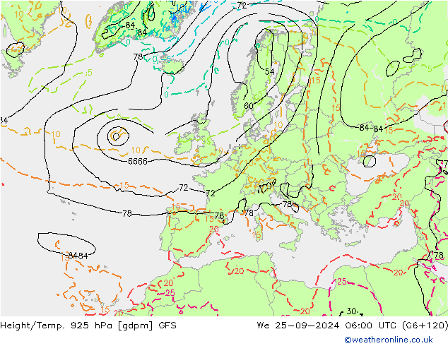 Height/Temp. 925 hPa GFS Mi 25.09.2024 06 UTC