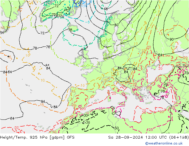 Hoogte/Temp. 925 hPa GFS za 28.09.2024 12 UTC