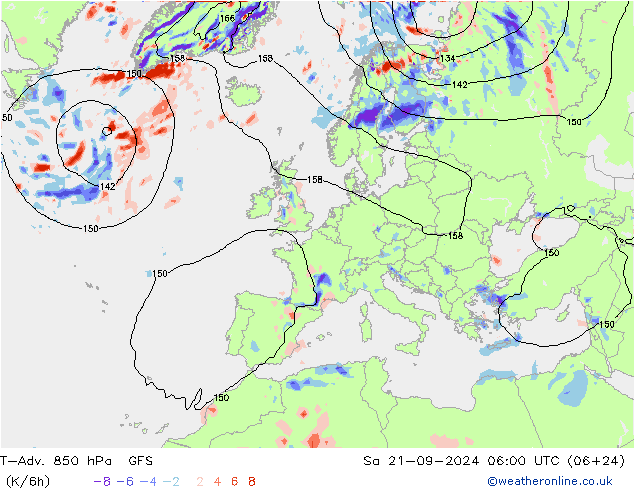 T-Adv. 850 hPa GFS sab 21.09.2024 06 UTC