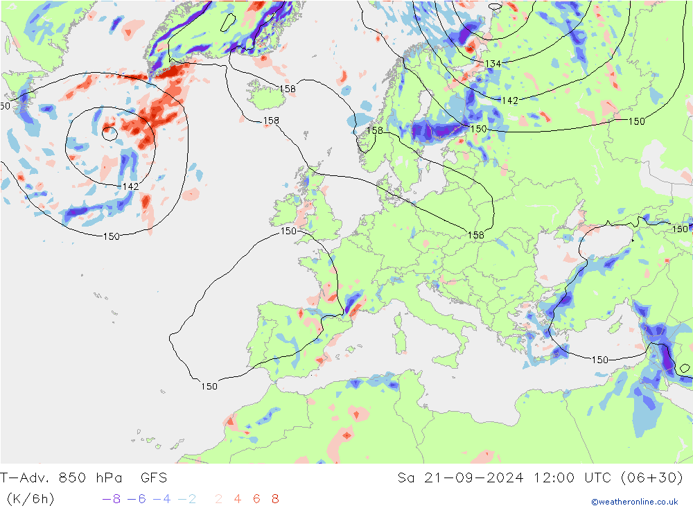 T-Adv. 850 hPa GFS sab 21.09.2024 12 UTC