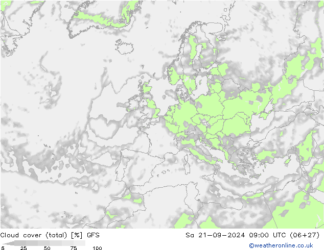 Cloud cover (total) GFS Sa 21.09.2024 09 UTC