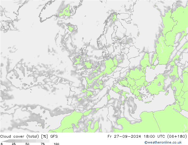 Cloud cover (total) GFS Pá 27.09.2024 18 UTC