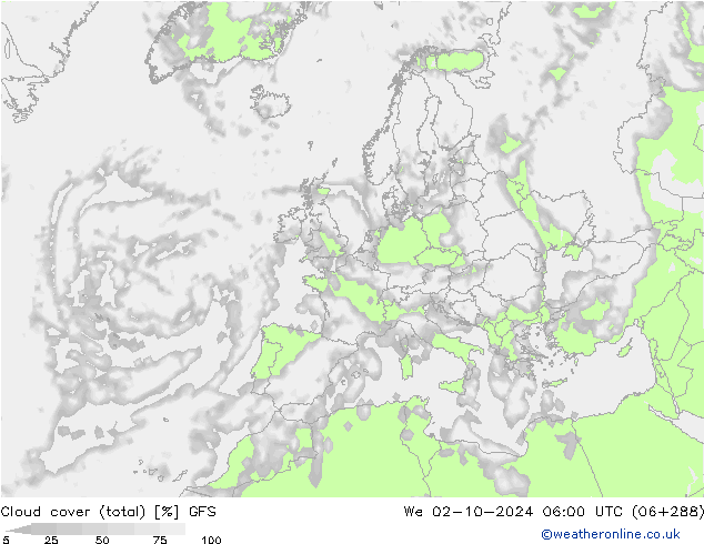 Cloud cover (total) GFS We 02.10.2024 06 UTC