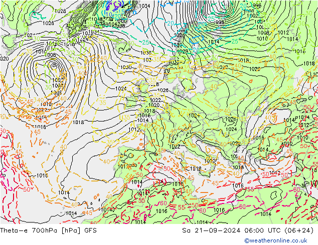 Theta-e 700hPa GFS Sa 21.09.2024 06 UTC