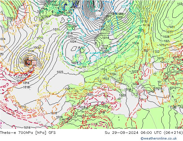 Theta-e 700hPa GFS Paz 29.09.2024 06 UTC