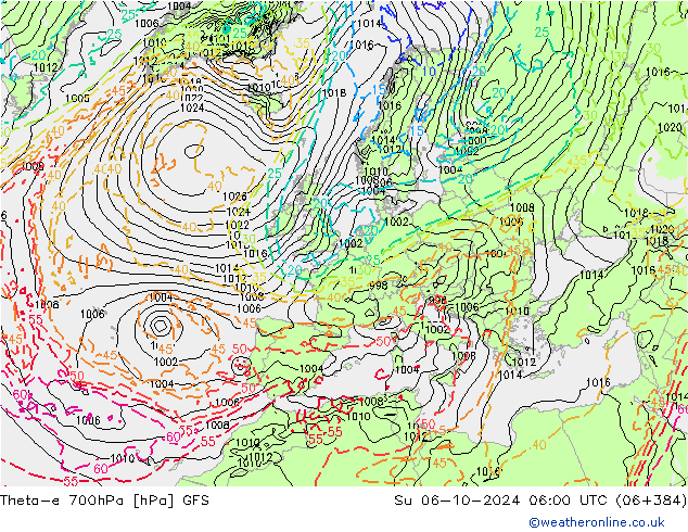 Theta-e 700hPa GFS dom 06.10.2024 06 UTC