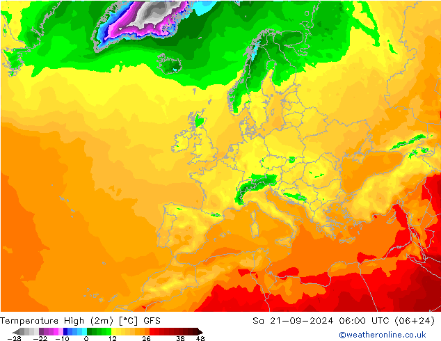 Temperature High (2m) GFS Sa 21.09.2024 06 UTC