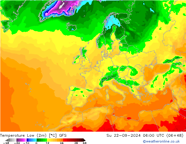 Temperatura mín. (2m) GFS dom 22.09.2024 06 UTC