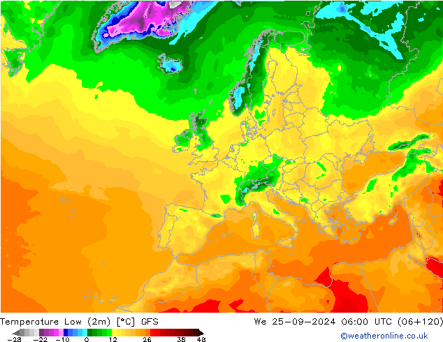 Temperature Low (2m) GFS We 25.09.2024 06 UTC