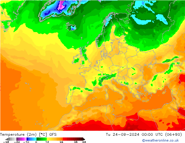 mapa temperatury (2m) GFS wto. 24.09.2024 00 UTC