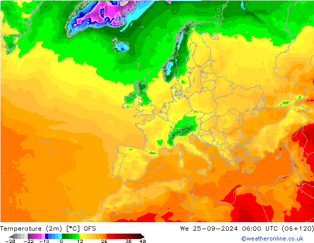 Temperatuurkaart (2m) GFS wo 25.09.2024 06 UTC