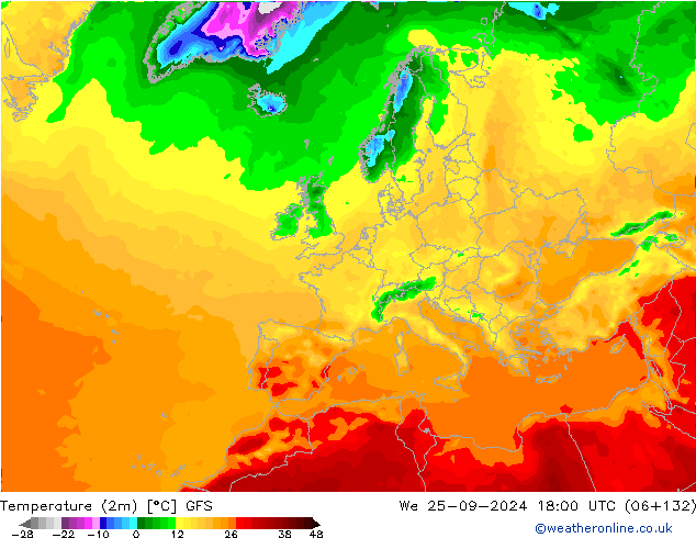 Temperatura (2m) GFS mer 25.09.2024 18 UTC