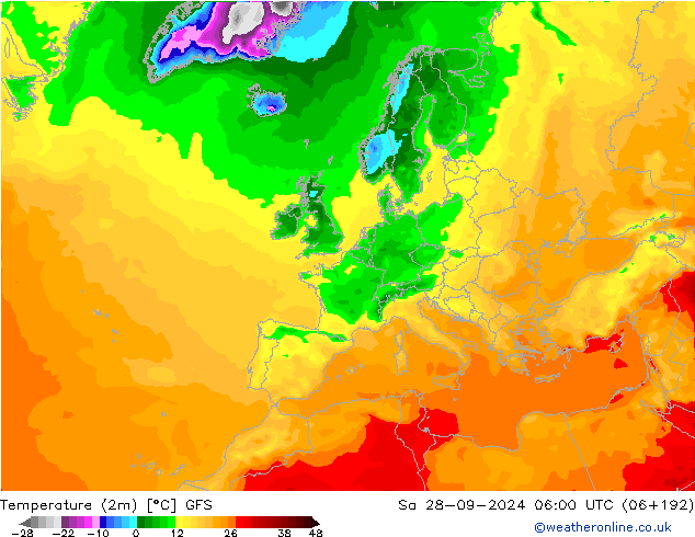 Temperature (2m) GFS Sa 28.09.2024 06 UTC