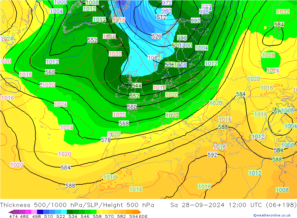 Schichtdicke 500-1000 hPa GFS Sa 28.09.2024 12 UTC