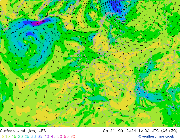 ветер 10 m GFS сб 21.09.2024 12 UTC