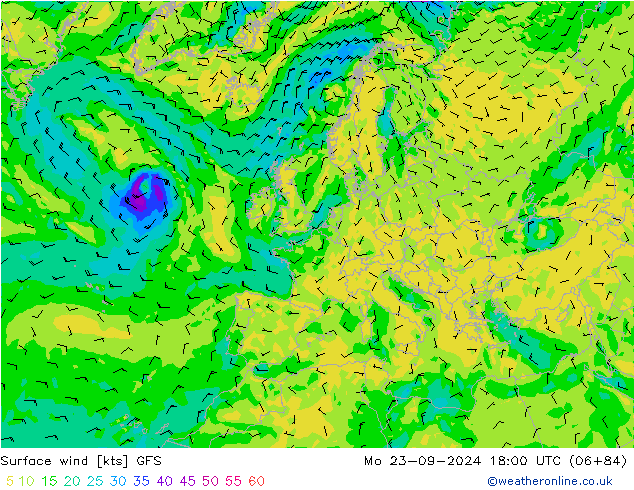 Vento 10 m GFS lun 23.09.2024 18 UTC