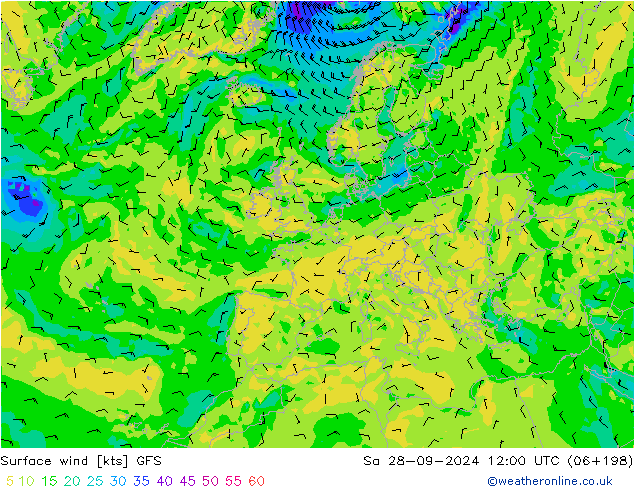 Vento 10 m GFS Sáb 28.09.2024 12 UTC