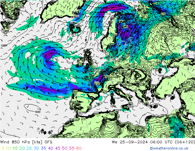 Rüzgar 850 hPa GFS Çar 25.09.2024 06 UTC