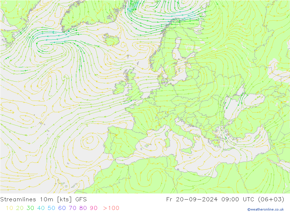 Streamlines 10m GFS Pá 20.09.2024 09 UTC