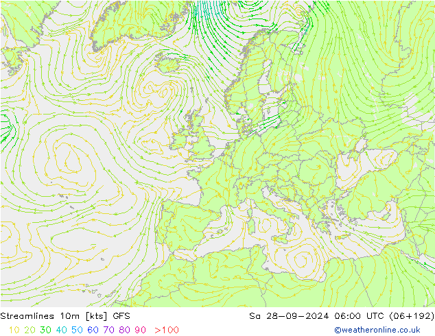 Streamlines 10m GFS Sa 28.09.2024 06 UTC