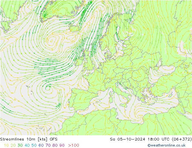 Linea di flusso 10m GFS sab 05.10.2024 18 UTC