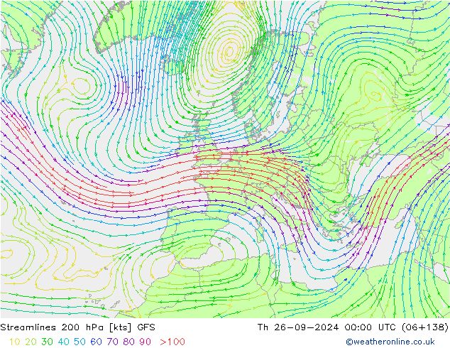 Linea di flusso 200 hPa GFS gio 26.09.2024 00 UTC