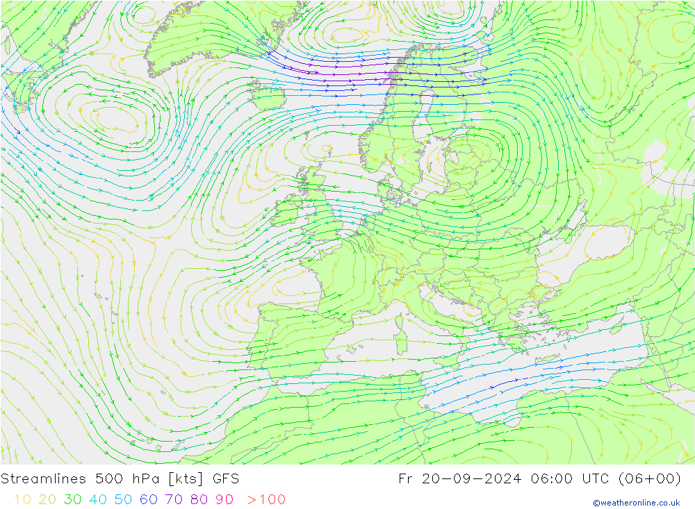 Stromlinien 500 hPa GFS Fr 20.09.2024 06 UTC