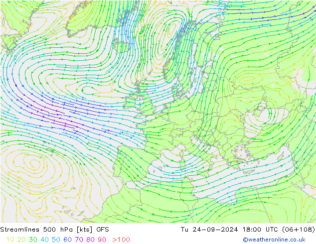 Ligne de courant 500 hPa GFS mar 24.09.2024 18 UTC