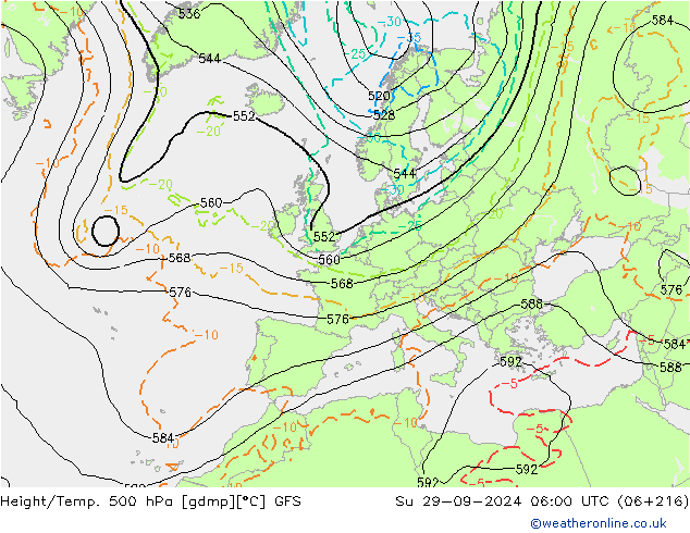 Z500/Rain (+SLP)/Z850 GFS Su 29.09.2024 06 UTC