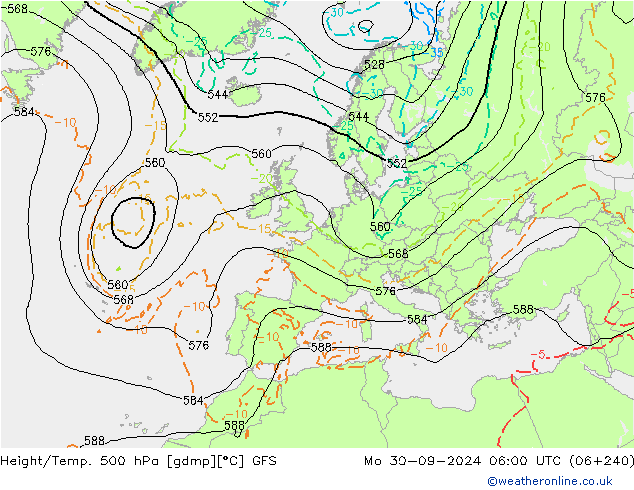 Z500/Rain (+SLP)/Z850 GFS lun 30.09.2024 06 UTC