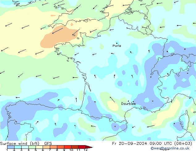 Surface wind (bft) GFS Fr 20.09.2024 09 UTC