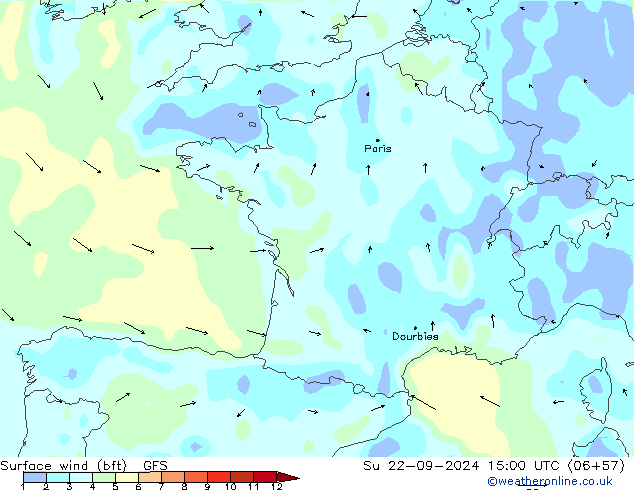 Wind 10 m (bft) GFS zo 22.09.2024 15 UTC