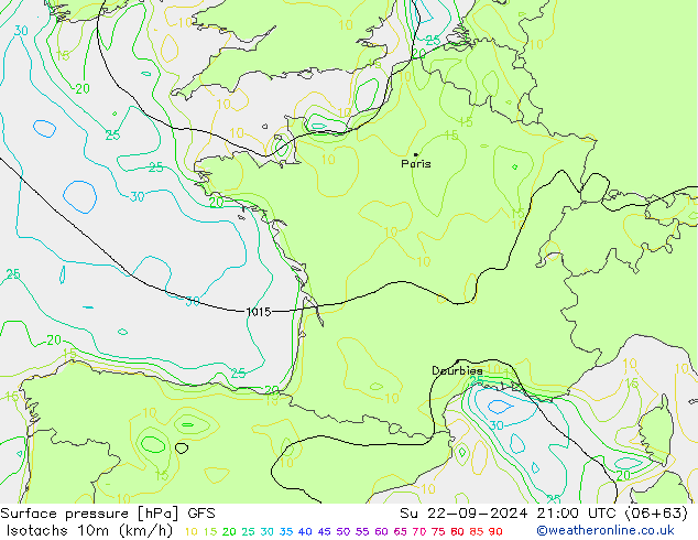 Izotacha (km/godz) GFS nie. 22.09.2024 21 UTC