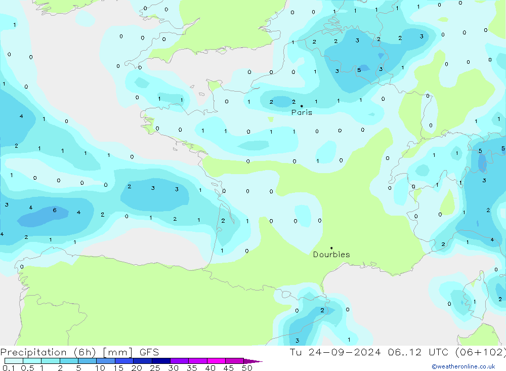 Precipitazione (6h) GFS mar 24.09.2024 12 UTC