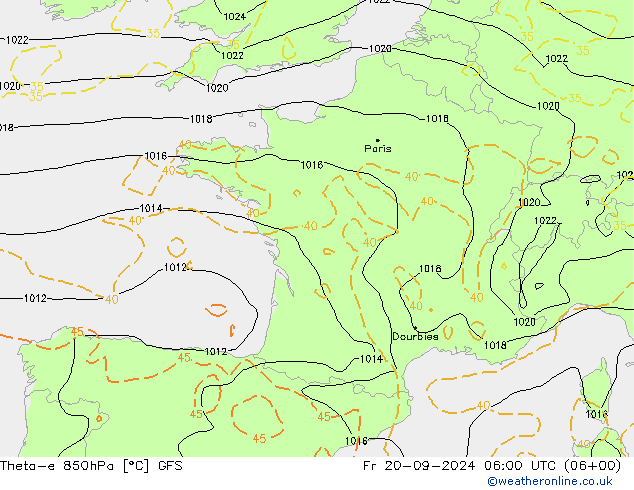 Theta-e 850hPa GFS vr 20.09.2024 06 UTC