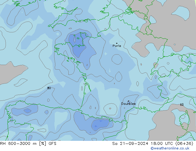 RH 600-3000 m GFS  21.09.2024 18 UTC