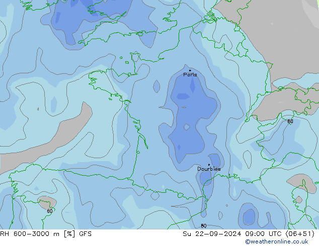 Humedad rel. 600-3000m GFS dom 22.09.2024 09 UTC