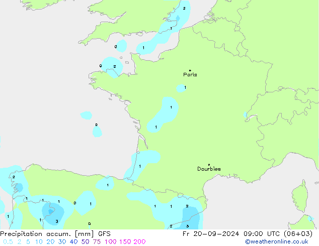 Precipitación acum. GFS vie 20.09.2024 09 UTC