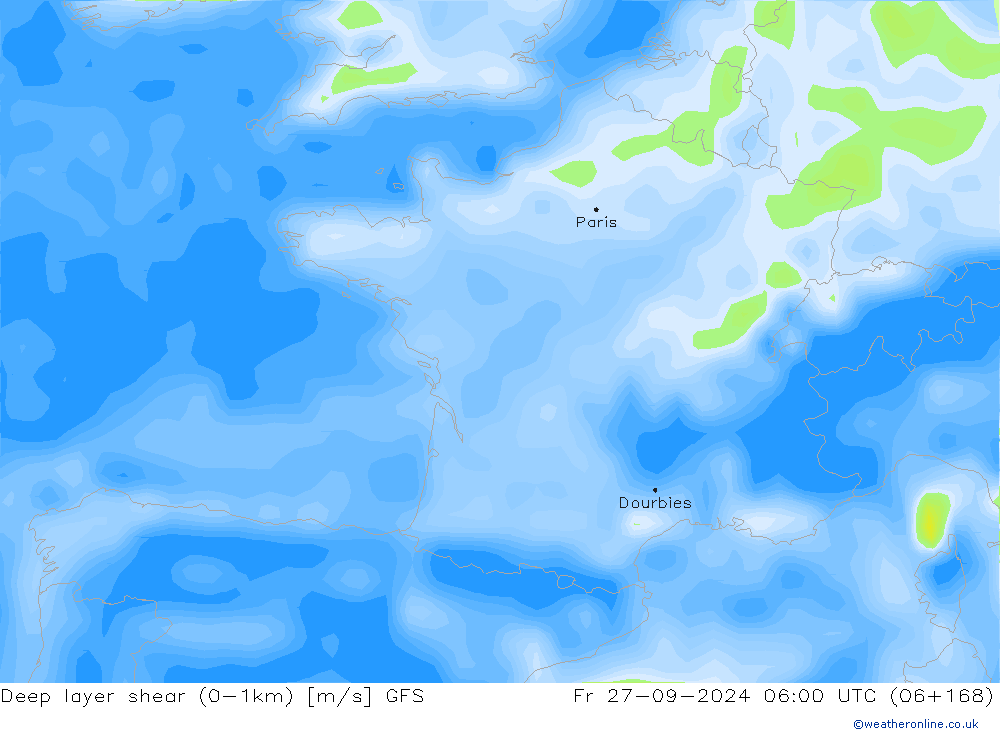 Deep layer shear (0-1km) GFS Sex 27.09.2024 06 UTC