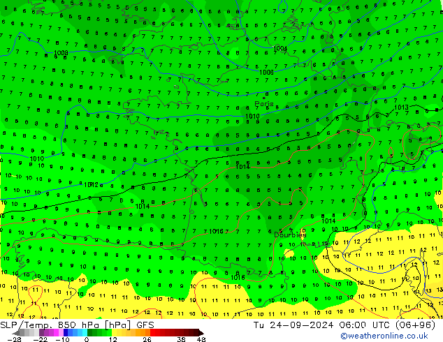 SLP/Temp. 850 hPa GFS di 24.09.2024 06 UTC